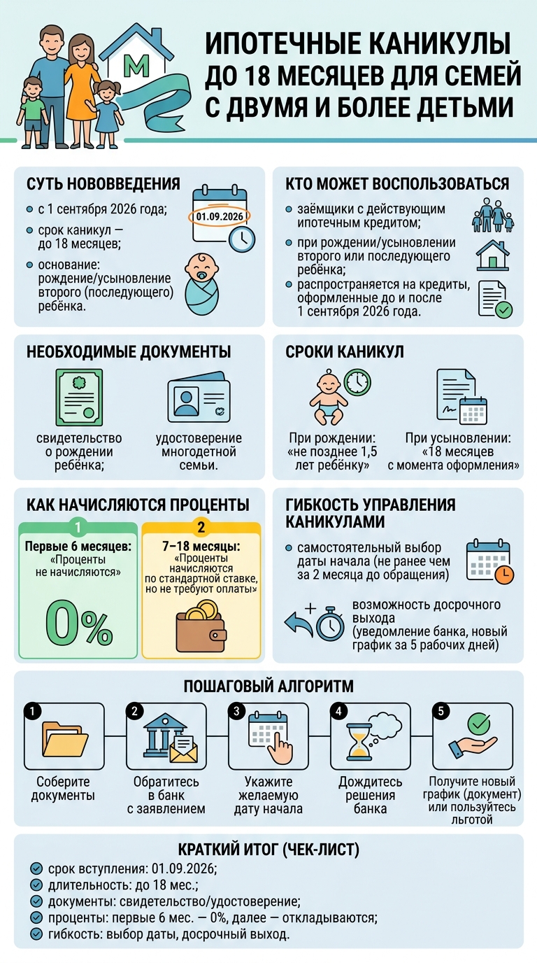 Инфографика - Ипотечные каникулы до 18 месяцев для семей с двумя и более детьми